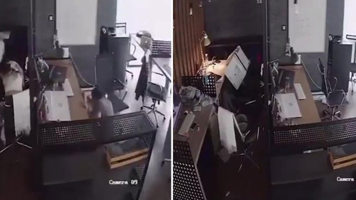 İzmir'deki deprem bir ofisin kameralarına böyle yansıdı